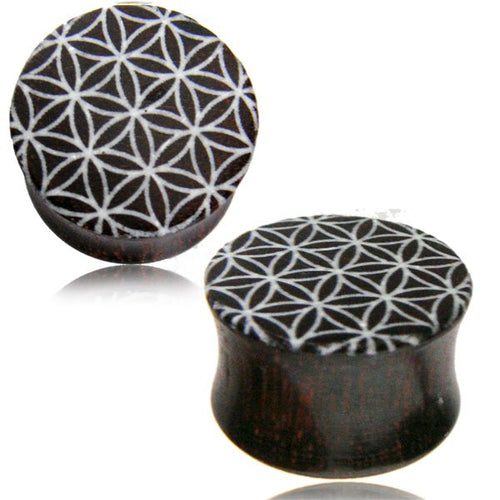 Pair of Organic Tamarind Wood Plugs, Double Flare Wood Tunnels, Flower of Life Laser Engraved with Inlay, Tribal Ear Plugs, Organic Body Jewelry.