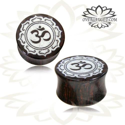 Pair of Organic Tamarind Wood Plugs, Double Flare Plugs, Laser Engraved Om Symbol with White Inlay, Tribal Ear Plugs, Organic Body Jewelry.