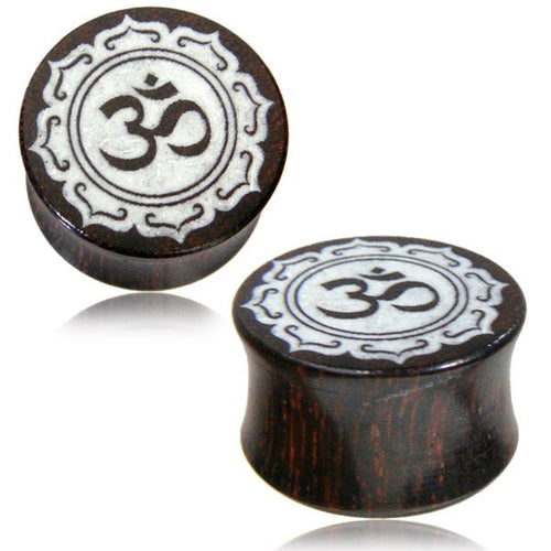 Pair of Organic Tamarind Wood Plugs, Double Flare Plugs, Laser Engraved Om Symbol with White Inlay, Tribal Ear Plugs, Organic Body Jewelry.