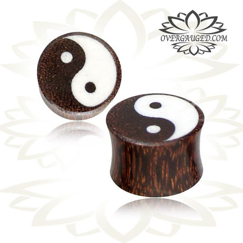 Pair of Organic Wood Plugs, Tamarind Wood Plugs, Double Flare Plugs with Engraved Ying Yang, White inlay Tribal Ear Plugs, Tribal Body Jewelry.