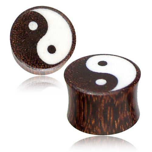 Pair of Organic Wood Plugs, Tamarind Wood Plugs, Double Flare Plugs with Engraved Ying Yang, White inlay Tribal Ear Plugs, Tribal Body Jewelry.