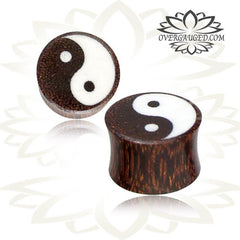 Pair of Organic Wood Plugs, Tamarind Wood Plugs, Double Flare Plugs with Engraved Ying Yang, White inlay Tribal Ear Plugs, Tribal Body Jewelry.