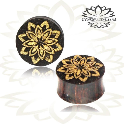 Pair of Organic Tamarind Wood Plugs, Mandala Flower inlay, Double Flare Plugs with Engraving and Hand Painted Gold, Tribal Ear Plugs, Organic Wood Body Jewelry.