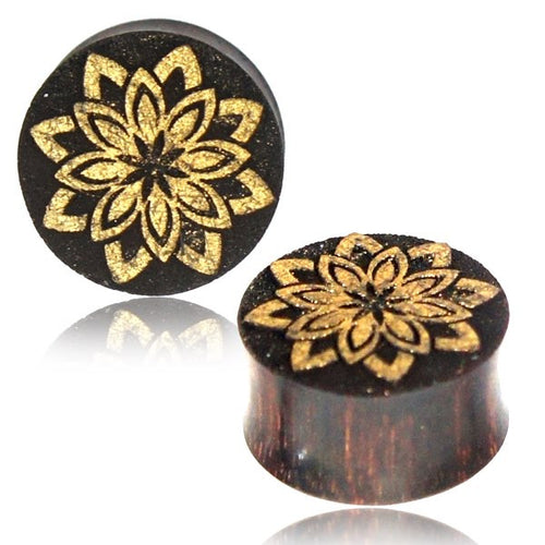 Pair of Organic Tamarind Wood Plugs, Mandala Flower inlay, Double Flare Plugs with Engraving and Hand Painted Gold, Tribal Ear Plugs, Organic Wood Body Jewelry.