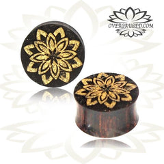 Pair of Organic Tamarind Wood Plugs, Mandala Flower inlay, Double Flare Plugs with Engraving and Hand Painted Gold, Tribal Ear Plugs, Organic Wood Body Jewelry.