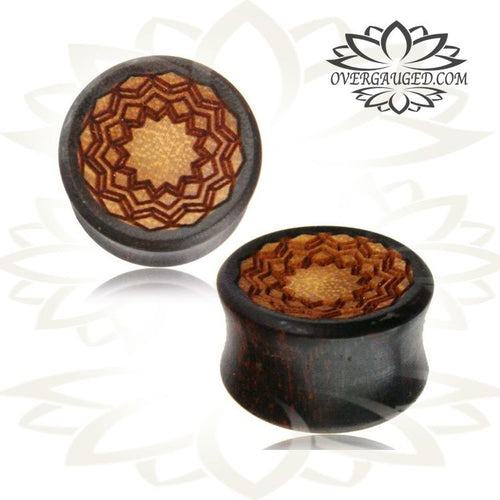 Pair of Mandala Flower of Life Tamarind Wood Plugs, Inlay Jack Fruit Wood Plugs, Double Flare Wood Gauges, Tribal Wood Ear Plugs, Wood Body Jewelry.