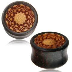 Pair of Mandala Flower of Life Tamarind Wood Plugs, Inlay Jack Fruit Wood Plugs, Double Flare Wood Gauges, Tribal Wood Ear Plugs, Wood Body Jewelry.