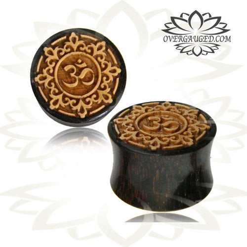Pair of Organic Wood Plugs, Tamarind Wood Plugs with Inlay Jack Fruit Wood, Double Flare Plugs with Om Engraved, Tribal Ear Plugs, Organic Wood Plugs, Wood Body Jewelry, Ohm Symbol.