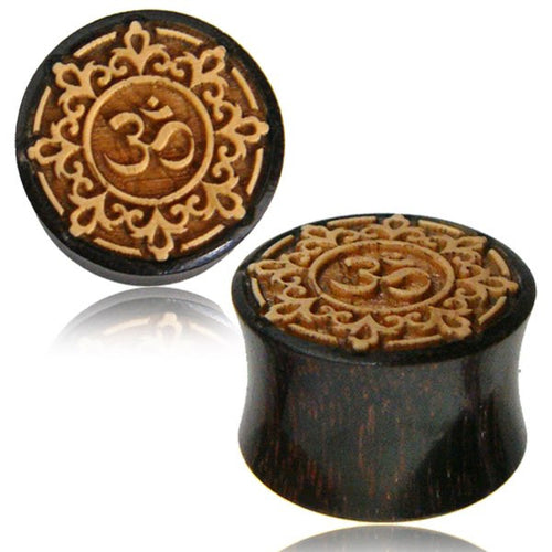 Pair of Organic Wood Plugs, Tamarind Wood Plugs with Inlay Jack Fruit Wood, Double Flare Plugs with Om Engraved, Tribal Ear Plugs, Organic Wood Plugs, Wood Body Jewelry, Ohm Symbol.