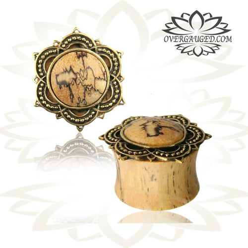 Pair Brass Lotus Plugs, Tribal Wood Plugs, Tamarind Wood Gauges, Wood Tunnels,  Ear Gauges, Double Flared Plugs, Tribal Body Jewelry.