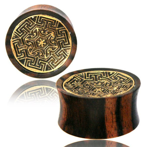 Pair Concave Iron Wood Plugs, Brass Tribal Inlay Ear Gauges, Double Flared Organic Plugs, Wooden Gauges.