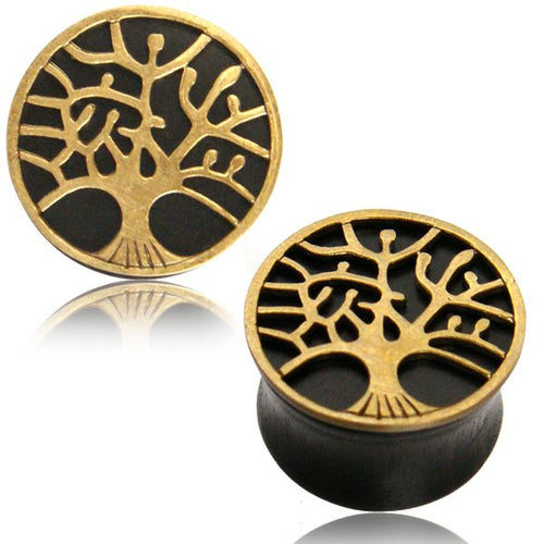 Pair of Organic Ebony Wood Plugs, Brass Tree Of Life Topper, Double Flared Wood Ear Plugs, Wood Plugs, Organic Wood Body Jewelry.