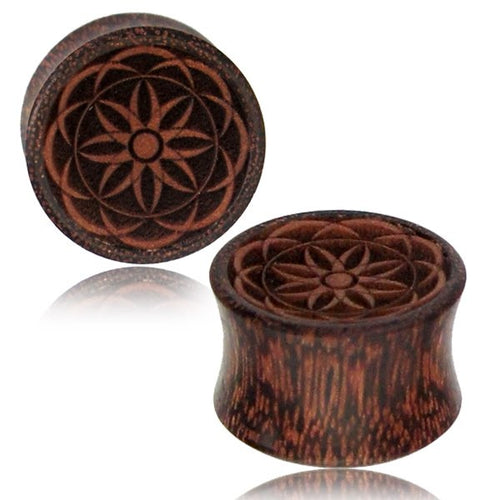 Pair of Mandala Flower of Life Tamarind Wood Plugs, Inlay Sawo Wood Plugs, Double Flare Wood Gauges, Tribal Ear Plugs, Organic Wood Plugs.