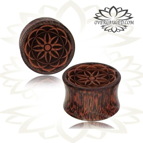 Pair of Mandala Flower of Life Tamarind Wood Plugs, Inlay Sawo Wood Plugs, Double Flare Wood Gauges, Tribal Ear Plugs, Organic Wood Plugs.