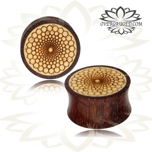 Pair of Tamarind Wood Plugs Inlay Jack Fruit Wood with Engraving, Double Flare Wood Plugs, Tribal Ear Plugs, Wood Plugs, Tribal Body Jewelry .