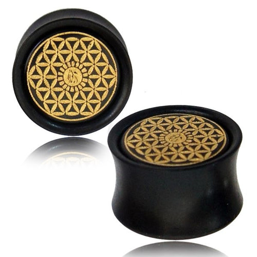 Pair of Organic Tamarind Wood Plugs, Double Flare Plugs, Laser Engraved Flower of Life Hand Painted Gold, Tribal Wood Ear Plugs, Organic Body Jewelry.