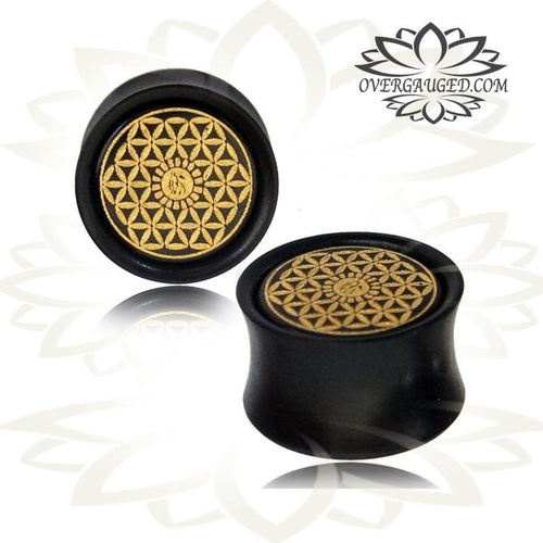 Pair of Organic Tamarind Wood Plugs, Double Flare Plugs, Laser Engraved Flower of Life Hand Painted Gold, Tribal Wood Ear Plugs, Organic Body Jewelry.