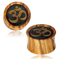 Pair of Concave Organic Plugs, Olive Wood Plugs, Double Flared Wood Plugs, Om Symbol Inlay and Engraving on Buffalo Horn, Wood Ear Gauges, Organic Body Jewelry.