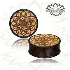 Pair of Concave Mandala Flower Tamarind Wood Plugs, Inlay Jack Fruit Wood Plugs, Double Flare Organic Plugs, Engraved Tribal Gauges, Wood Ear Plugs.