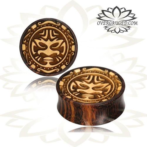 Pair of Tribal Concave Tamarind Wood Plugs with Jack Fruit Inlay, Double Flare Plugs Engraved Tribal Design, Wood Ear Plugs, Organic Wood Jewelry, Body Jewelry.