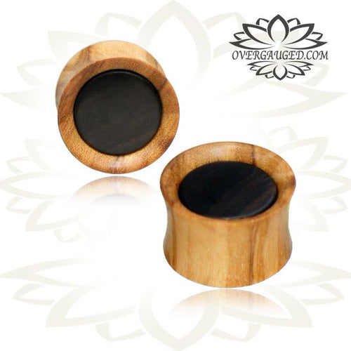 Pair of Concave Organic Plugs, Olive Wood Plugs with Sono Wood Inlay, Organic Wood Plugs, Double Flare Wood Gauges, Tribal Wood Jewelry.