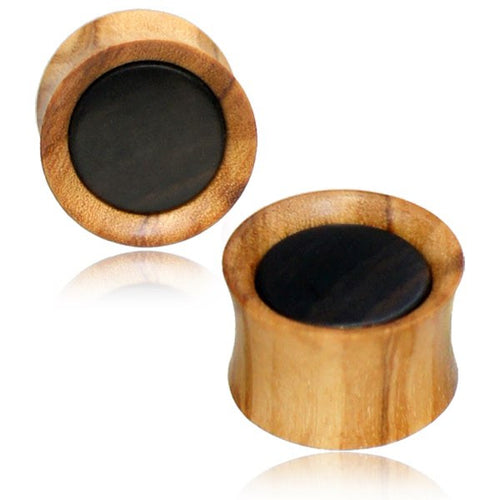 Pair of Concave Organic Plugs, Olive Wood Plugs with Sono Wood Inlay, Organic Wood Plugs, Double Flare Wood Gauges, Tribal Wood Jewelry.