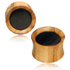 Pair of Concave Organic Plugs, Olive Wood Plugs with Sono Wood Inlay, Organic Wood Plugs, Double Flare Wood Gauges, Tribal Wood Jewelry.