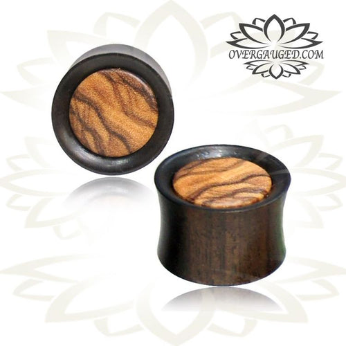 Pair of Organic Concave Iron Wood Plugs, Double Flared Wood Gauges with Inlay Olive Wood, Wood Ear Plugs, Organic Body Jewelry.