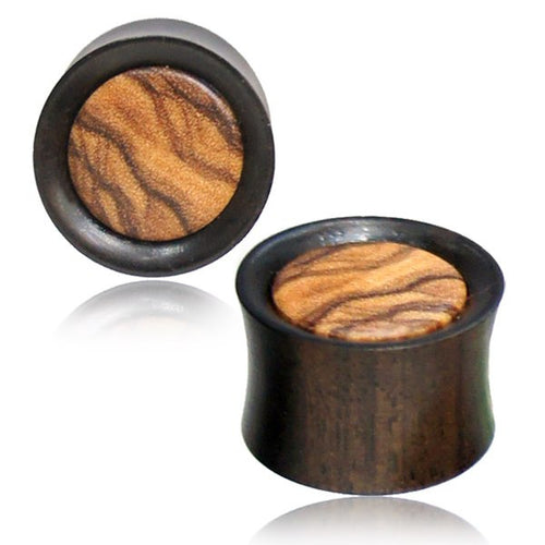 Pair of Organic Concave Iron Wood Plugs, Double Flared Wood Gauges with Inlay Olive Wood, Wood Ear Plugs, Organic Body Jewelry.