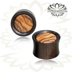 Pair of Organic Concave Iron Wood Plugs, Double Flared Wood Gauges with Inlay Olive Wood, Wood Ear Plugs, Organic Body Jewelry.