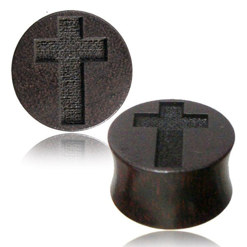 Pair of Organic Wood Gauge Earrings, Wood Plugs, Engraved Tamarind Cross Wood Plugs, Organic Wood Plugs, Gothic Jewelry.