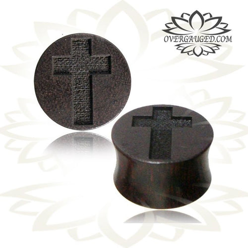 Pair of Organic Wood Gauge Earrings, Wood Plugs, Engraved Tamarind Cross Wood Plugs, Organic Wood Plugs, Gothic Jewelry.