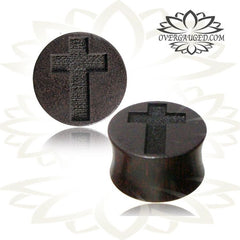 Pair of Organic Wood Gauge Earrings, Wood Plugs, Engraved Tamarind Cross Wood Plugs, Organic Wood Plugs, Gothic Jewelry.