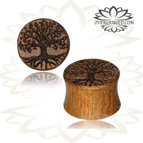 Pair of Tree of Life Teak Wood Plugs, Double Flare Plugs with Wood Engraving, Wood Gauge Plugs, Tribal Wood Earrings, Tribal Wood Body Jewelry.