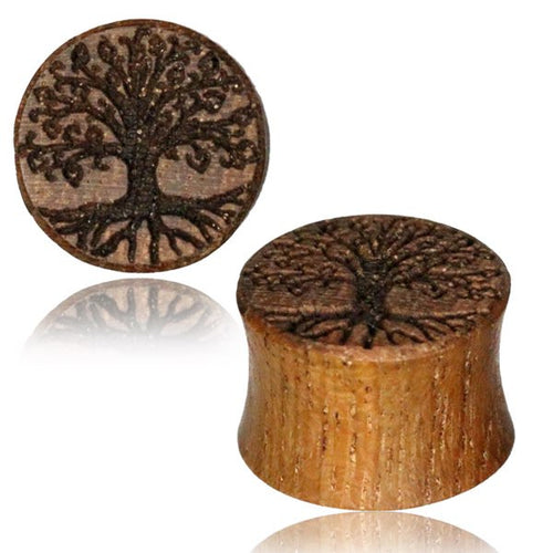 Pair of Tree of Life Teak Wood Plugs, Double Flare Plugs with Wood Engraving, Wood Gauge Plugs, Tribal Wood Earrings, Tribal Wood Body Jewelry.