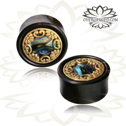 Pair Antiqued Tribal Brass Plugs, Iron Wood Organic Gauges, Brass & Abalone Shell Plugs, Tribal Wood Plugs, Double Flared Wood Plugs, Organic Plugs.