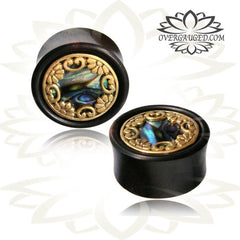 Pair Antiqued Tribal Brass Plugs, Iron Wood Organic Gauges, Brass & Abalone Shell Plugs, Tribal Wood Plugs, Double Flared Wood Plugs, Organic Plugs.