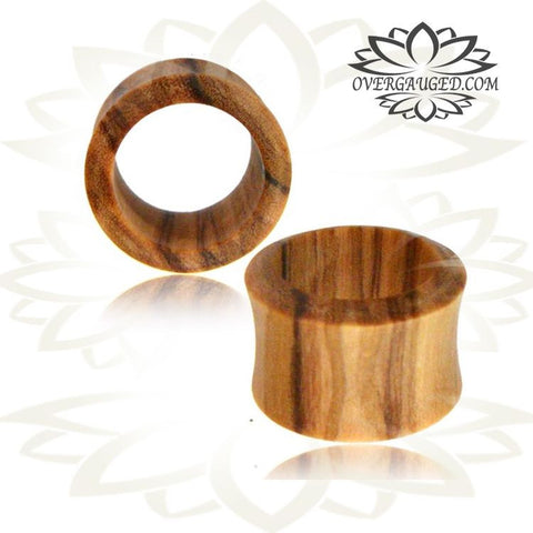 Pair of Concave Organic Plugs, Olive Wood Plugs, Double Flared Wood Plugs, Om Symbol Inlay and Engraving on Buffalo Horn, Wood Ear Gauges, Organic Body Jewelry.