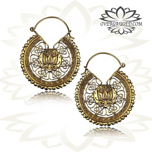 Pair Brass Earrings Antiqued Lotus Flower Tribal Hoops Hangers.