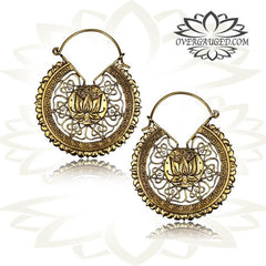 Pair Brass Earrings Antiqued Lotus Flower Tribal Hoops Hangers.