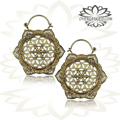 Pair of Long Ornate Antiqued Flower of Life Tribal Hoops Brass Earrings Style.