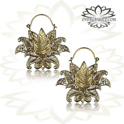 Pair of Brass Earrings Lotus Tribal Hoop Earrings, Tribal Brass Jewelry.