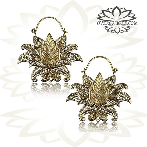 Pair of White Brass Earrings, Antiqued Tribal Brass Lotus Flower Hoop Earrings, Brass Body Jewelry.