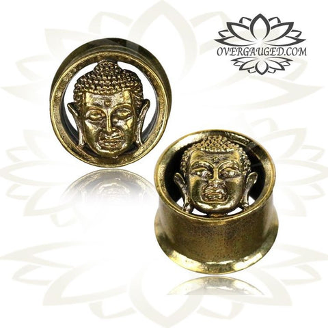 Pair Antiqued Tribal White Brass Plugs with Om Symbol, Lotus Flower Tunnels, Tribal Brass Body Jewelry,  Plugs Double Flared Gauges.