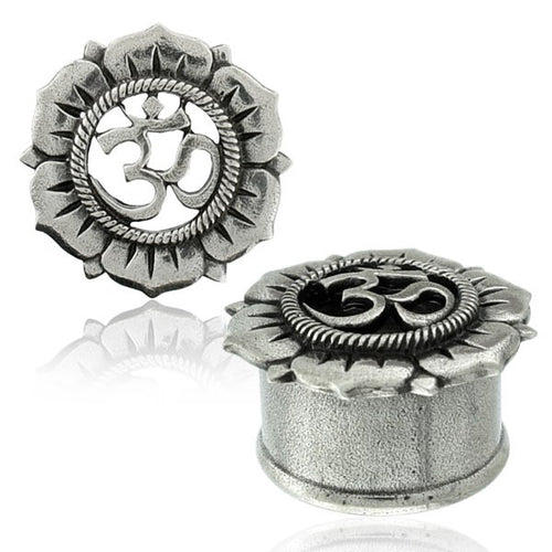 Pair Antiqued Tribal White Brass Plugs with Om Symbol, Lotus Flower Tunnels, Tribal Brass Body Jewelry,  Plugs Double Flared Gauges.