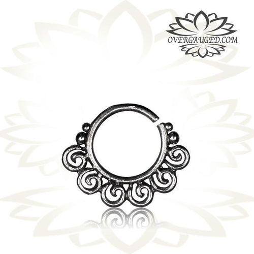 Single White Brass Septum Ring in 16g (1.2mm) Antiqued Spirals Tribal Septum Ring, Nose Hoop Piercing, Ring 9mm, Body Jewelry.