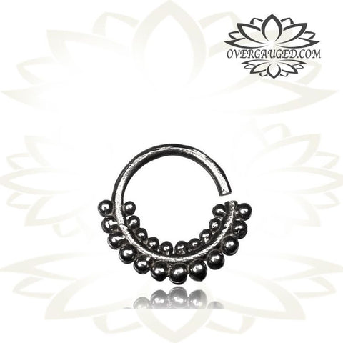 Single 16g Silver Lotus Septum Ring - Antiqued Tribal Silver Septum Ring Nose 9mm Silver Hoop Piercing.