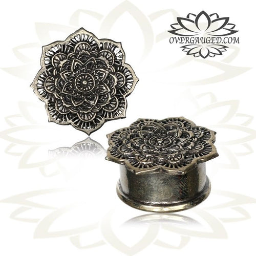 Pair Tribal White Brass Silver Tone Plugs, Mandala Plugs, Tribal Gauges, Silver Plugs, Ear Gauges, Double Flared Gauges.