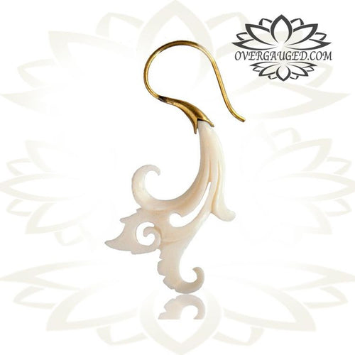 Pair of Ornate Carved Bone Brass Antiqued Polished Spirals Earrings Long Body Jewelry.