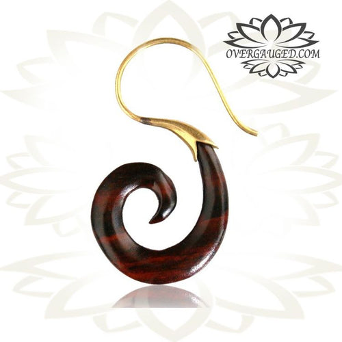 Pair of Ornate Brass Earrings with Carved Sono Wood 18g (1mm) Brass Spiral Earrings.